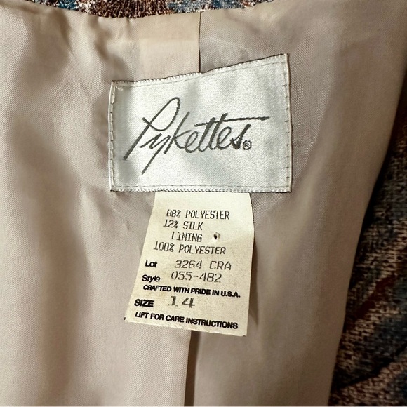 Pykettes Silk Blend Vtg Women Sz 14 80s Open Jacket Blazer Blue Brown Tapestry - Picture 4 of 9